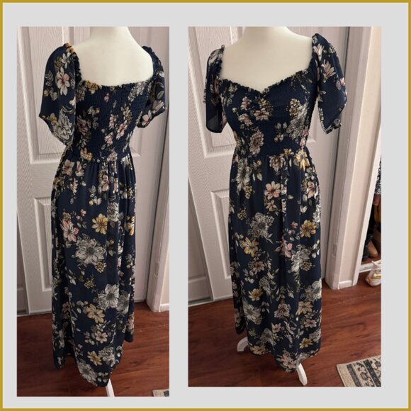 Navy Floral Smocked Maxi Dress – Off Shoulder / Short Sleeves – M - Picture 2 of 3